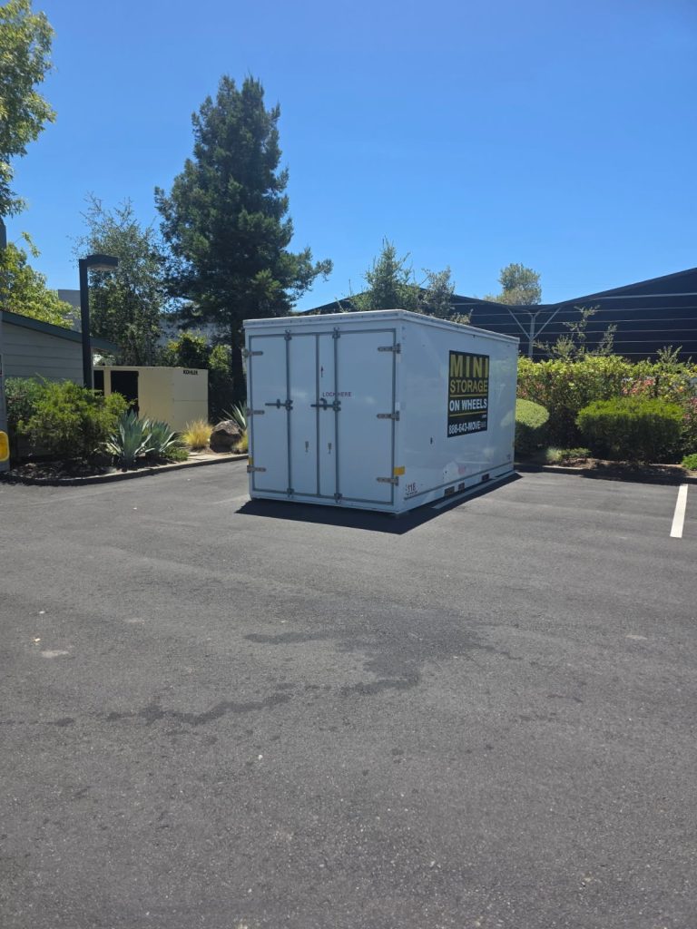 Mobile Storage Pod in a parking lot in Bel Marin Keys Novato, CA